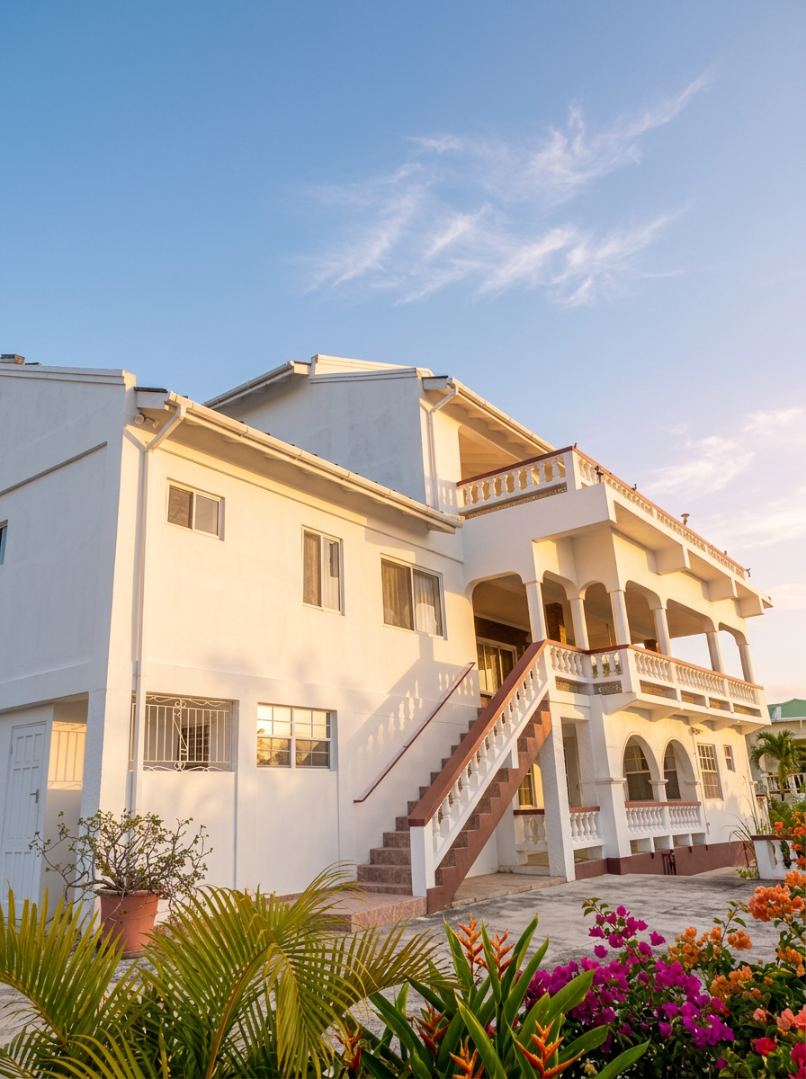 Front view of the three-storey white home with arched balconies