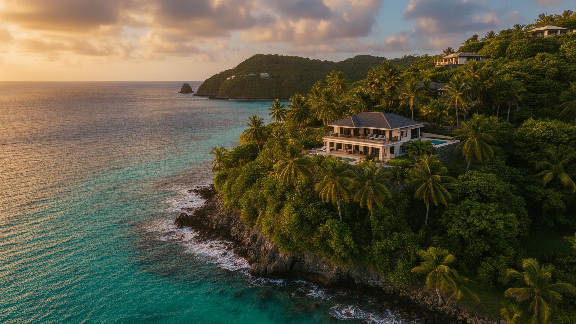Aerial view of a luxury hillside villa on the Grenada coastline at golden hour