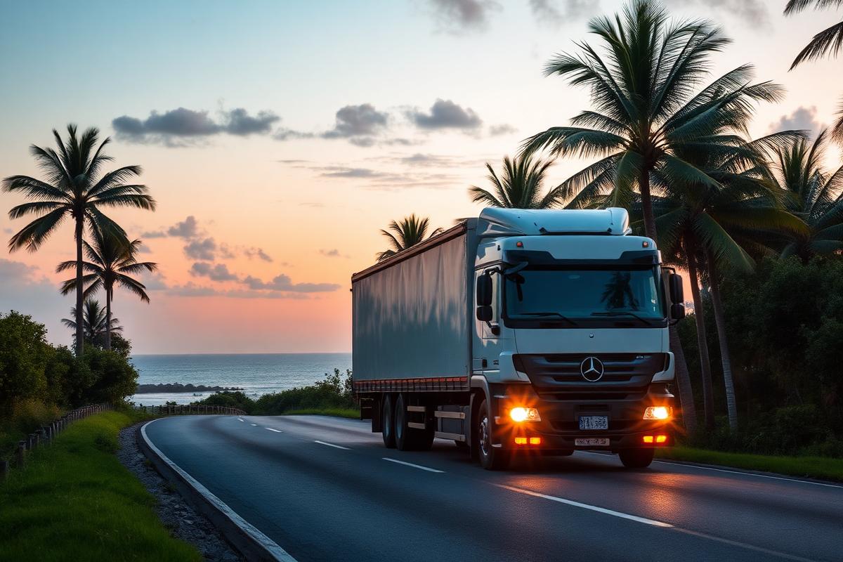 HBC Group logistics truck on a Caribbean coastal road at dusk